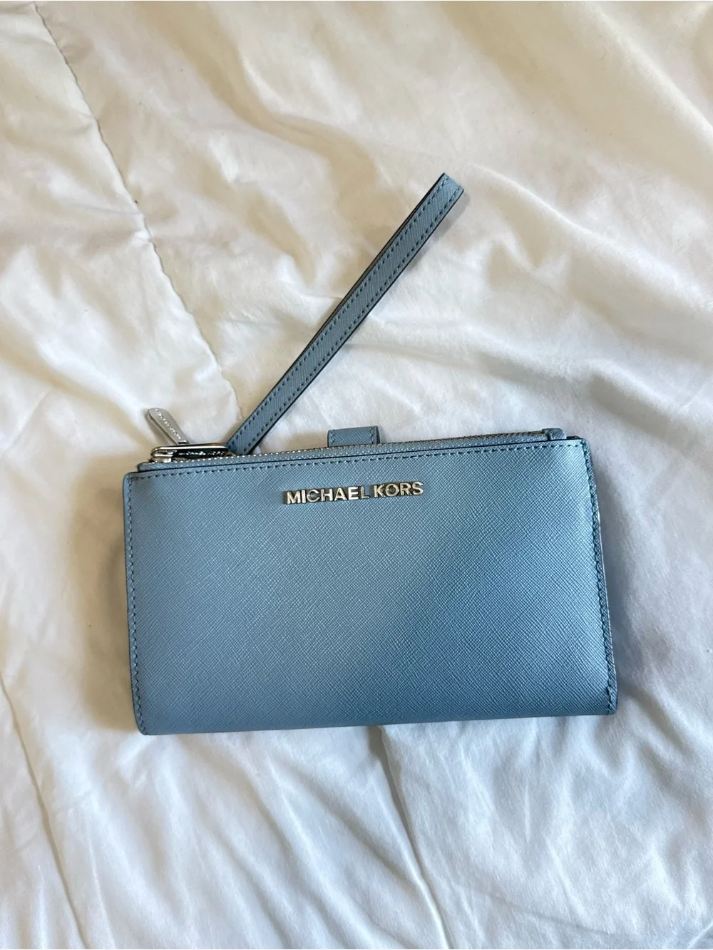 Michael Kors Light Blue Wristlet Clutch with Gold Logo